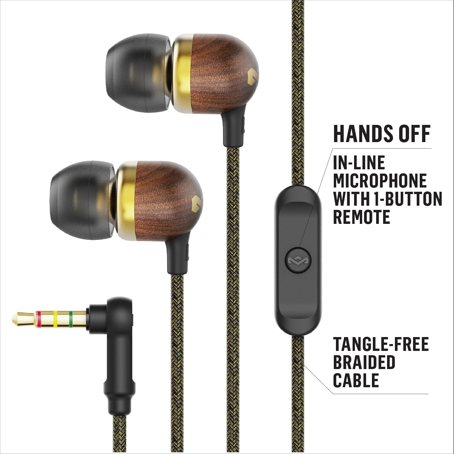 Smile Jamaica AUX Wired Earbuds with Microphone, Noise-Isolating In-Ear Headphones, Tangle-Resistant Cable, 3.5Mm Jack Sustainable (Brass)